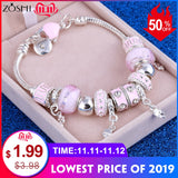 ZOSHI Pink Crystal Charm Silver Bracelets & Bangles for Women With Aliexpress Murano Beads Silver Bracelet Femme Jewelry